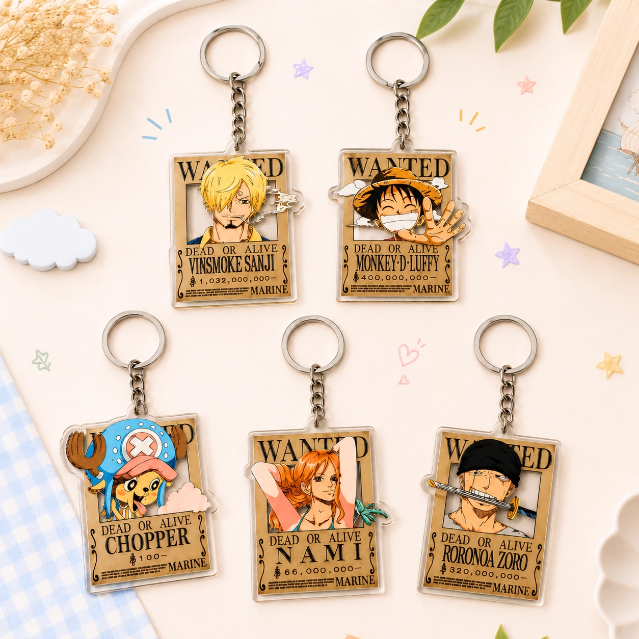 Set of 5 One Piece Luffy, Nami, Sanji, Chopper and Zoro Premium Acrylic Hanging Keychains|Perfect for bags, Keyrings and for Anime Lovers
